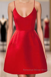 A Line Backless Short Red Semi Formal Prom Dresses, Short Red Satin Homecoming Graduation Dresses, Red Formal Dresses